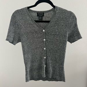 1990's Vintage Textured Knit Black + White Blouse with Dainty Buttons